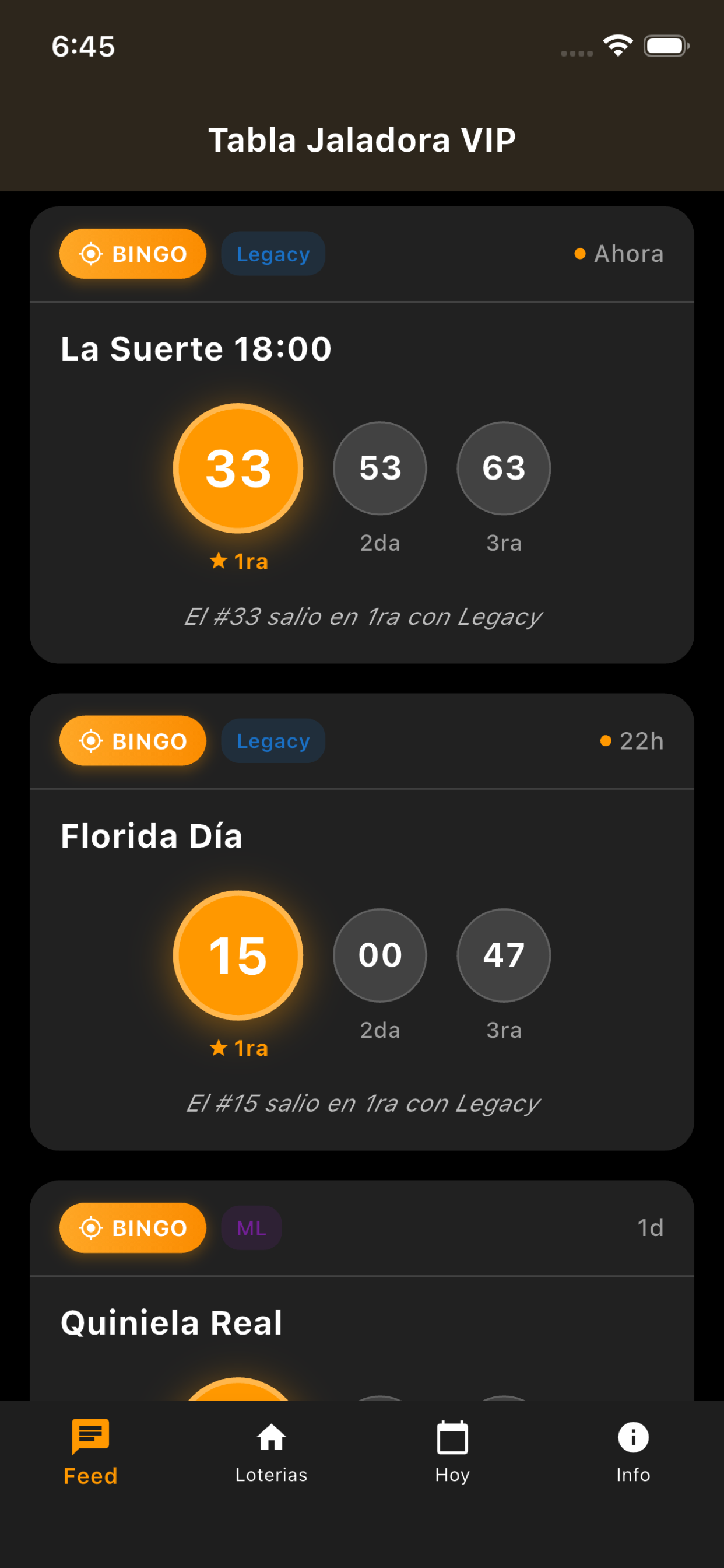 Feed de resultados BINGO mostrando aciertos en loterias dominicanas
